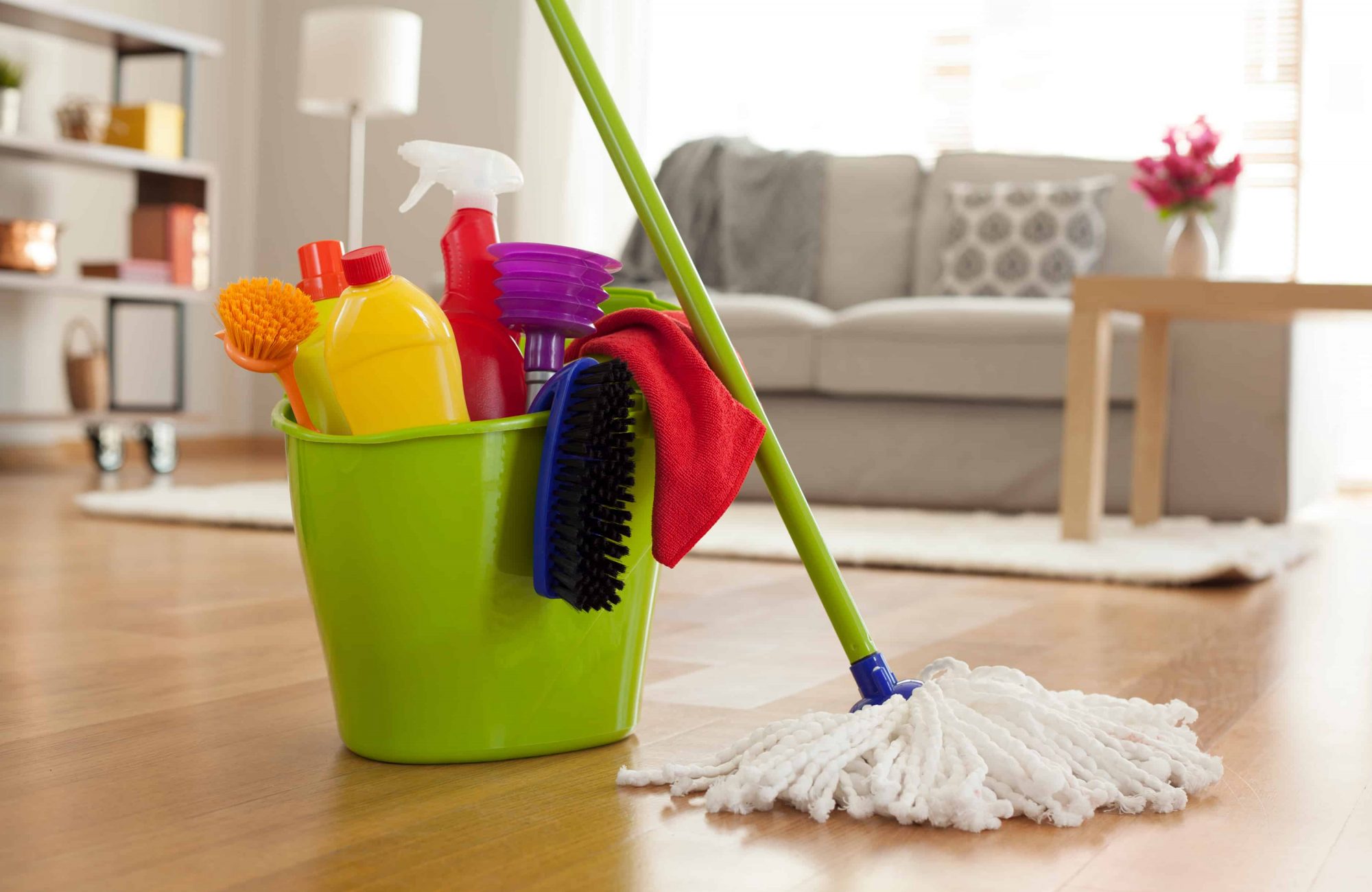 Canva Plastic bucket with cleaning supplies in home